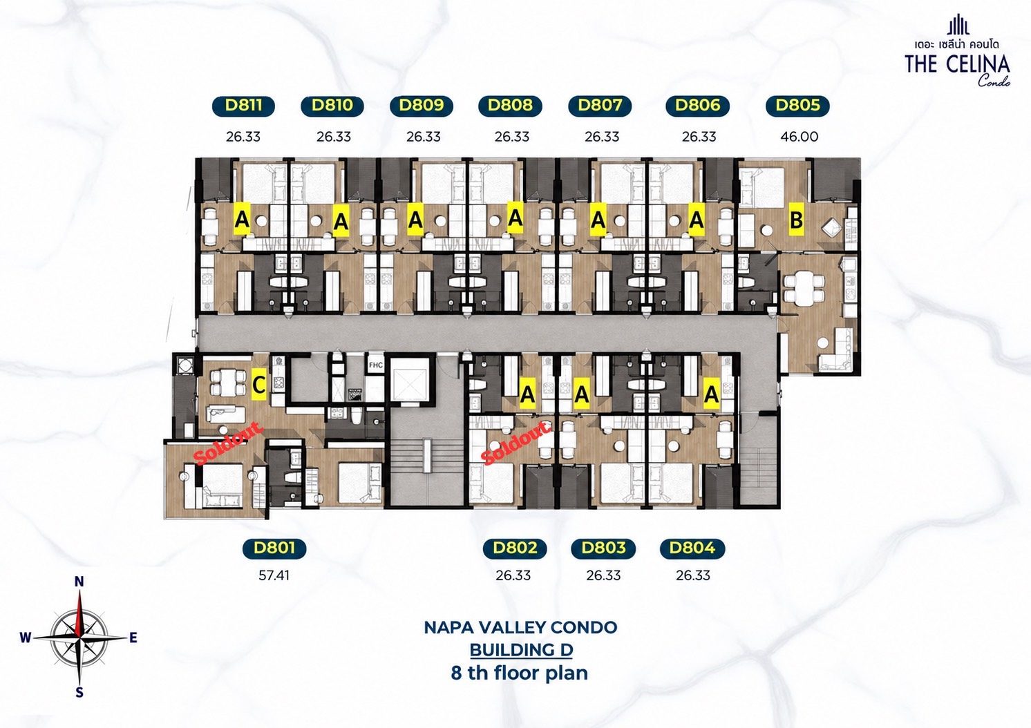 ผังชั้น 8 อาคาร D แสดงห้อง D801 ถึง D811