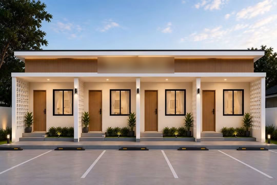 แบบ A ห้องพักชั้นเดียว 4 ห้องเรียงกัน ผนังขาว ระแนงไม้ ที่จอดรถหน้าห้อง