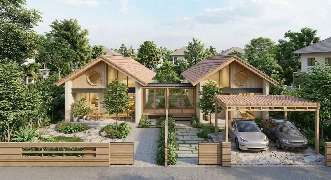 แบบ B บ้านเล็กหลังคาจั่ว 2 หลังเชื่อมด้วยทางเดินกระจก มีโรงจอดรถ EV 2 คัน
